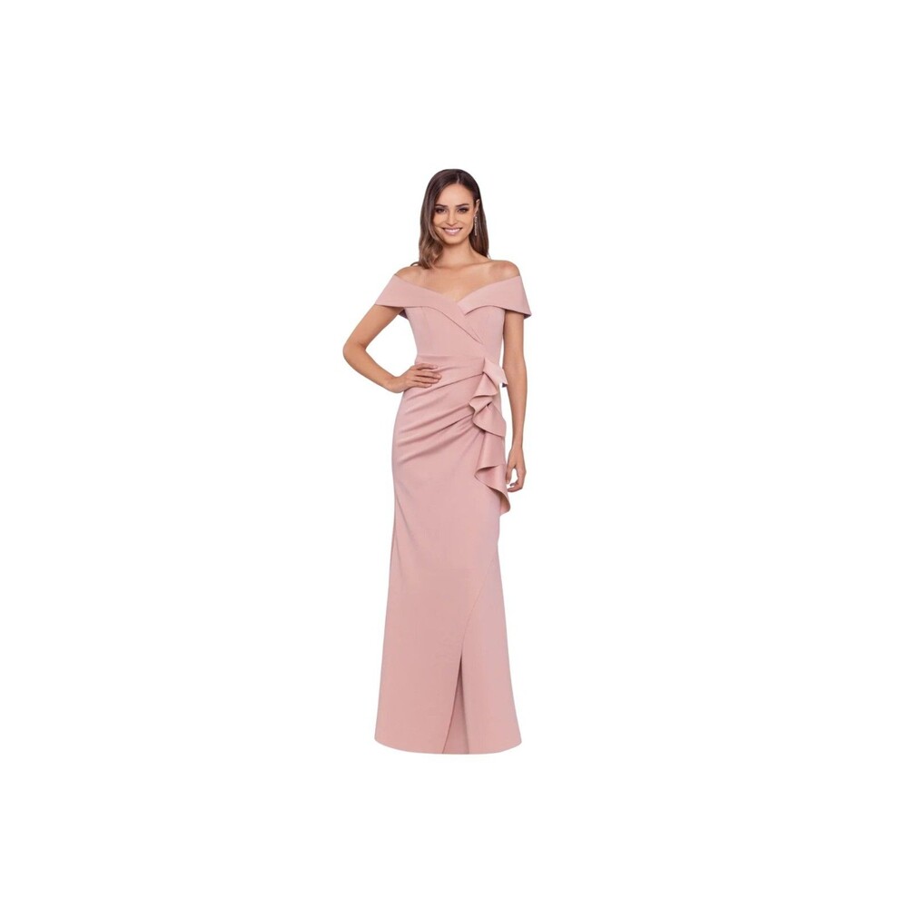 Xscape PATTI LONG OFF THE SHOULDER SCUBA CREPE DRESS NWT size 6 ROSE